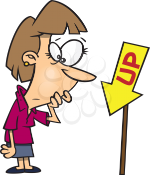 Royalty Free Clipart Image of a Woman Looking at an Up Sign Pointing Down