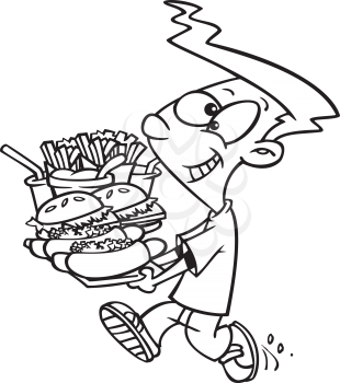 Royalty Free Clipart Image of a Kid With a Tray of Junk Food