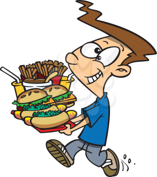 Royalty Free Clipart Image of a Boy With a Tray of Fast Food
