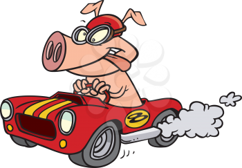 Royalty Free Clipart Image of a Pig in a Fast Car