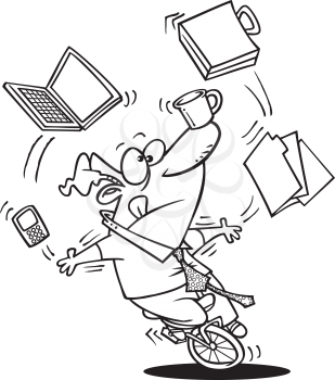 Royalty Free Clipart Image of a Guy Juggling Office Things While Riding a Unicycle