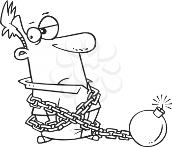 Royalty Free Clipart Image of a Man With a Bomb Chained to Him