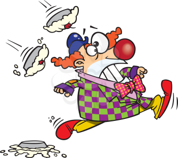Royalty Free Clipart Image of a Clown Running From Pies