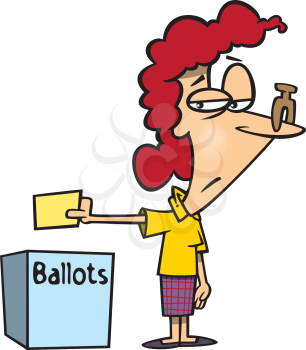 Royalty Free Clipart Image of a Woman With a Clothespin on Her Nose Putting a Ballot in the Box