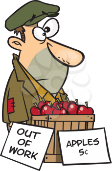 Royalty Free Clipart Image of a Man Out of Work Selling Apples