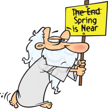 Royalty Free Clipart Image of a Man Carrying a Sign that Spring is Near