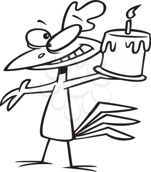 Royalty Free Clipart Image of a Chicken Holding a Birthday Cake
