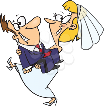 Royalty Free Clipart Image of a Bride Carrying Her Groom