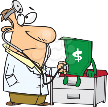 Royalty Free Clipart Image of a Doctor Diagnosing a Dollar Bill