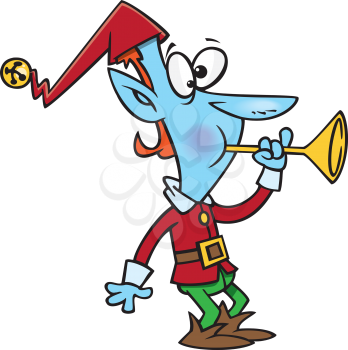Royalty Free Clipart Image of an Elf Playing the Horn