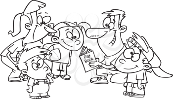 Royalty Free Clipart Image of a Family Huddling Around a Football Playbook