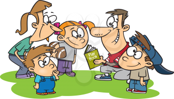 Royalty Free Clipart Image of a Family Huddling Around a Football Playbook