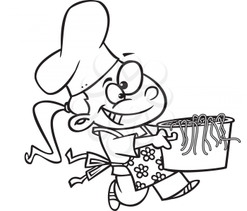 Royalty Free Clipart Image of a Girl Carrying a Pot of Pasta