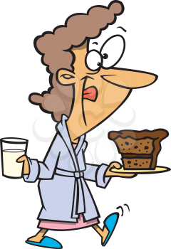 Royalty Free Clipart Image of a Woman With a Piece of Cake and Glass of Milk