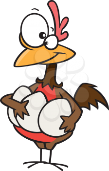 Royalty Free Clipart Image of a Chicken Holding Eggs