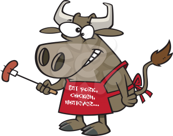 Royalty Free Clipart Image of a Bull Cooking Hotdogs 