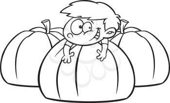 Royalty Free Clipart Image of a Boy with Three Big Pumpkins
