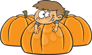 Royalty Free Clipart Image of a Boy with Three Big Pumpkins