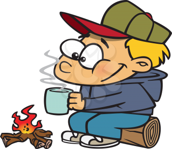 Royalty Free Clipart Image of a Male Warming up by the Fire with a Warm Drink