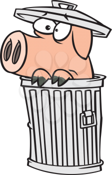 Royalty Free Clipart Image of a Scared Pig in a Trash Can