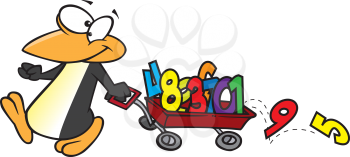 Royalty Free Clipart Image of a Penguin With a Wagon of Numbers