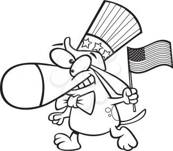Royalty Free Clipart Image of a Dog in an Uncle Sam Hat Carrying an American Flag