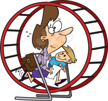 Royalty Free Clipart Image of a Woman Carrying a Child While Running in a Wheel