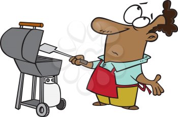 Royalty Free Clipart Image of a Man Barbecuing and Looking Up
