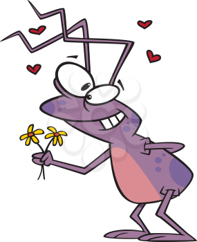 Royalty Free Clipart Image of a Bug Holding Flowers With Hearts Around It