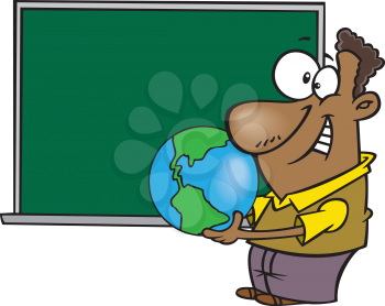 Royalty Free Clipart Image of a Man Holding a Globe in Front of a Chalkboard