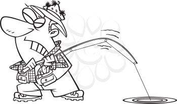 Royalty Free Clipart Image of a Man Trying to Pull a Fish Out of a Hole
