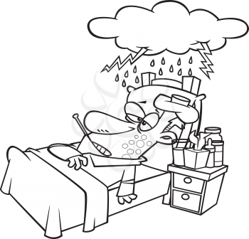 Royalty Free Clipart Image of a Man in Bed Sick