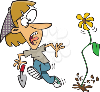 Royalty Free Clipart Image of a Woman Looking Frightened at a Flower