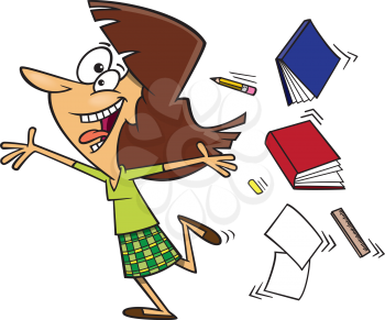 Royalty Free Clipart Image of a Woman Throwing Books and Pencils