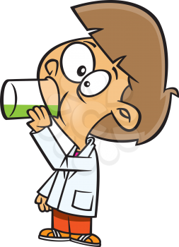 Royalty Free Clipart Image of a Boy in a Science Coat Drinking a Green Liquid