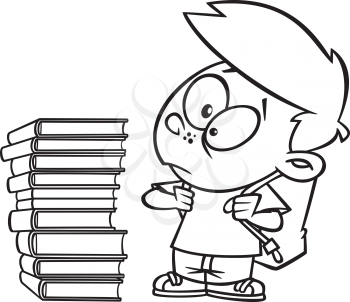 Royalty Free Clipart Image of a Boy Looking at a Stack of Books
