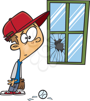 Royalty Free Clipart Image of a Little Ball Player Looking at a Broken Window
