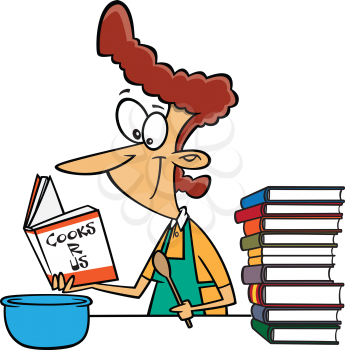 Royalty Free Clipart Image of a Woman Reading Cookbooks