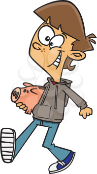 Royalty Free Clipart Image of a Teenager Holding a Piggy Bank While Walking