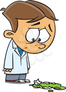 Royalty Free Clipart Image of a Boy in a Lab Coat Looking at a Mess