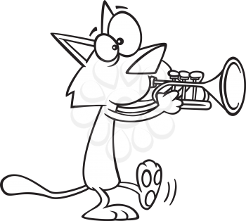 Royalty Free Clipart Image of a Cat Blowing a Horn