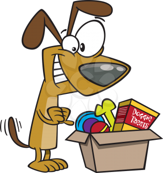 Royalty Free Clipart Image of a Dog With a Box of Treats
