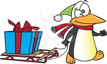 Royalty Free Clipart Image of a Penguin a Gift on a Sled