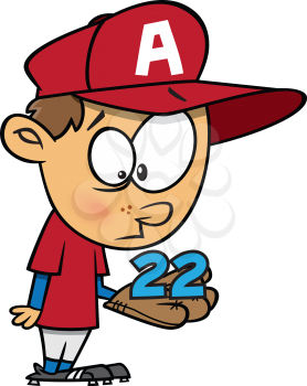 Royalty Free Clipart Image of a Little Baseball Player Holding the Numbers Off His Uniform