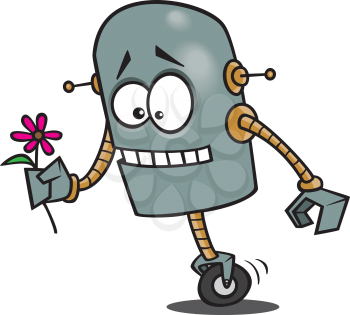 Royalty Free Clipart Image of a Robot With a Flower