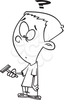Royalty Free Clipart Image of a Boy Looking at a Razor and Wondering