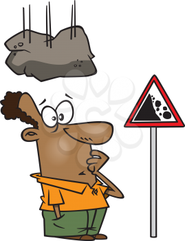 Royalty Free Clipart Image of a Man Looking at a Sign Under a Falling Rock