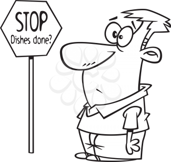 Royalty Free Clipart Image of a Man Standing at a Sign Asking if the Dishes are Done