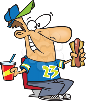 Royalty Free Clipart Image of a Man Eating a Hotdog and Holding a Drink