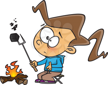 Royalty Free Clipart Image of a Girl Burning a Toasted Marshmallow